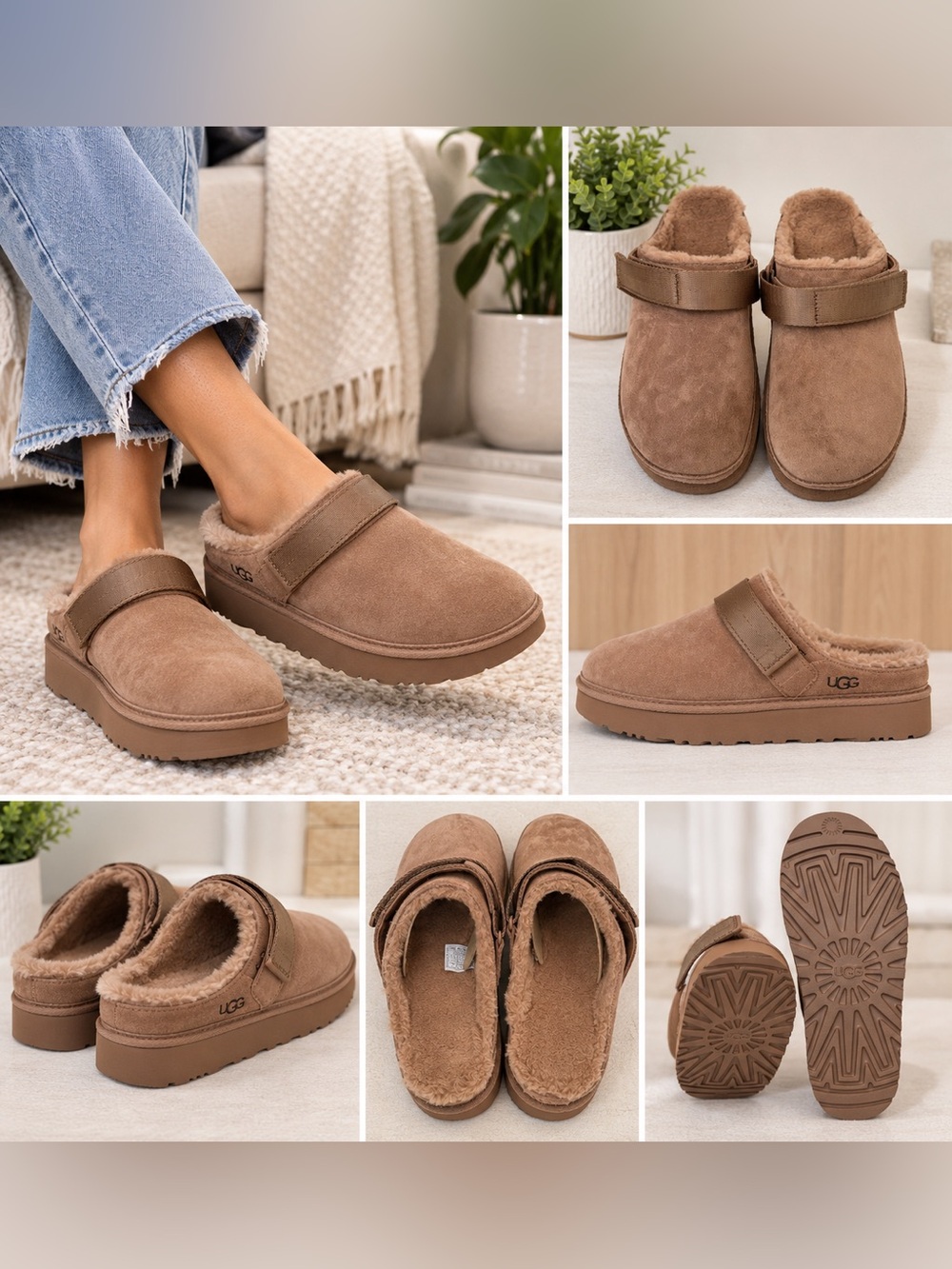 UGG Goldenstar Cozy Clog Chestnut Suede Shearling Lined Women’s 10